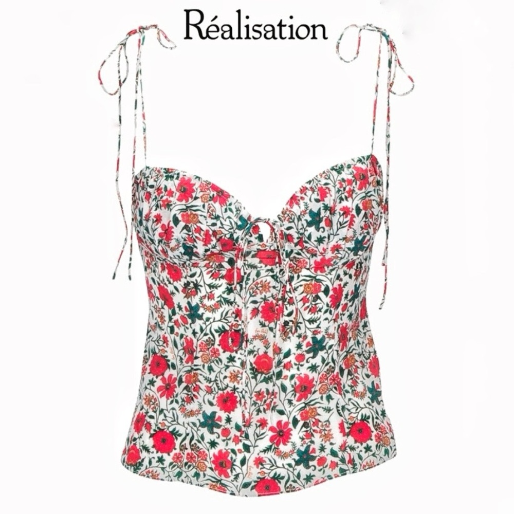 SOLD 🌹NWT✨ Realisation Par ‘Ana’ Silk Corset Top in White Batik Floral, XXS